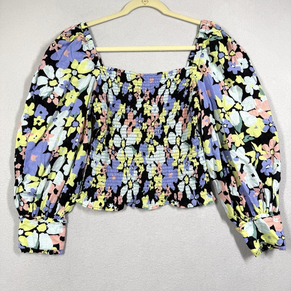 Free People Top Women M Ariana Floral Crop Smocked Retro Puff Sleeve Square Neck